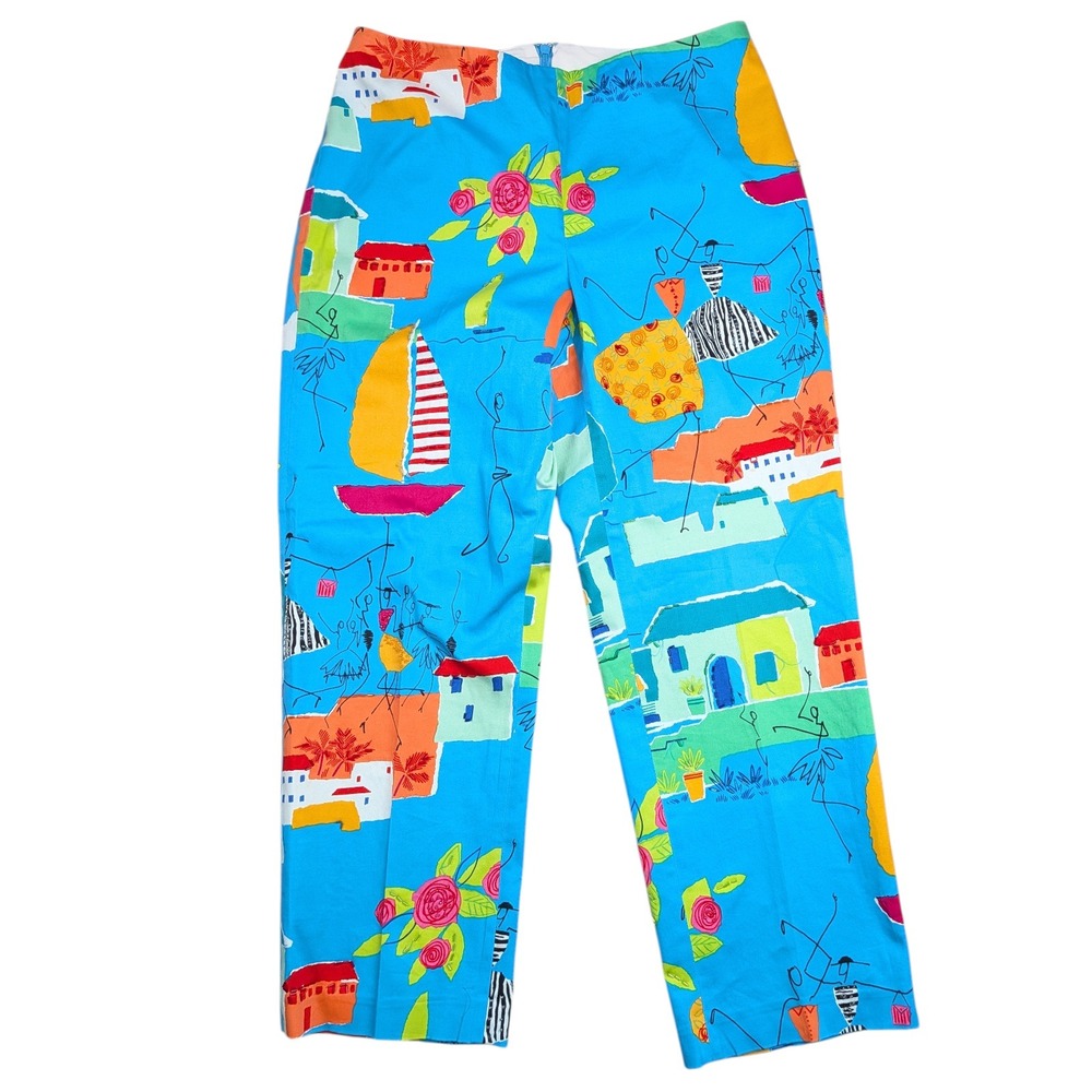 Blue Coastal Sailboat Beaded Villa Pants Womens 2 Straight‎ Leg